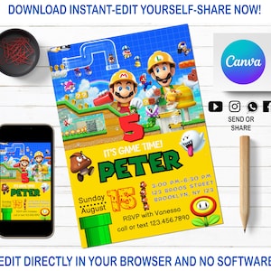 Super Mario Einladung | Kinder Digitale Einladung | Mario Bros Party einladen | Bearbeitbar in Canva | Moderne Geburtstagsvorlage zum Ausdrucken