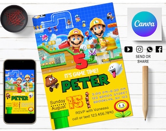Invitación de Super Mario / Invitación digital para niños / Invitación a fiesta de Mario Bros / Editable en Canva / Plantilla de cumpleaños moderna imprimible
