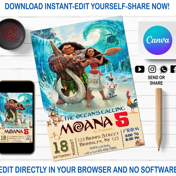 Moana Invitation | Kids Digital invitation | Moana Party Invite | For Girl Invite | Editable in Canva | Modern Birthday Template Printable