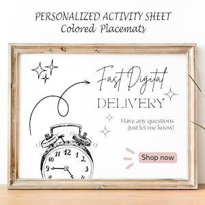 May include: A black and white illustration of an alarm clock with the text "Fast Digital Delivery" and "Have any questions just let me know!"  The text "Shop now" is on a pink button.