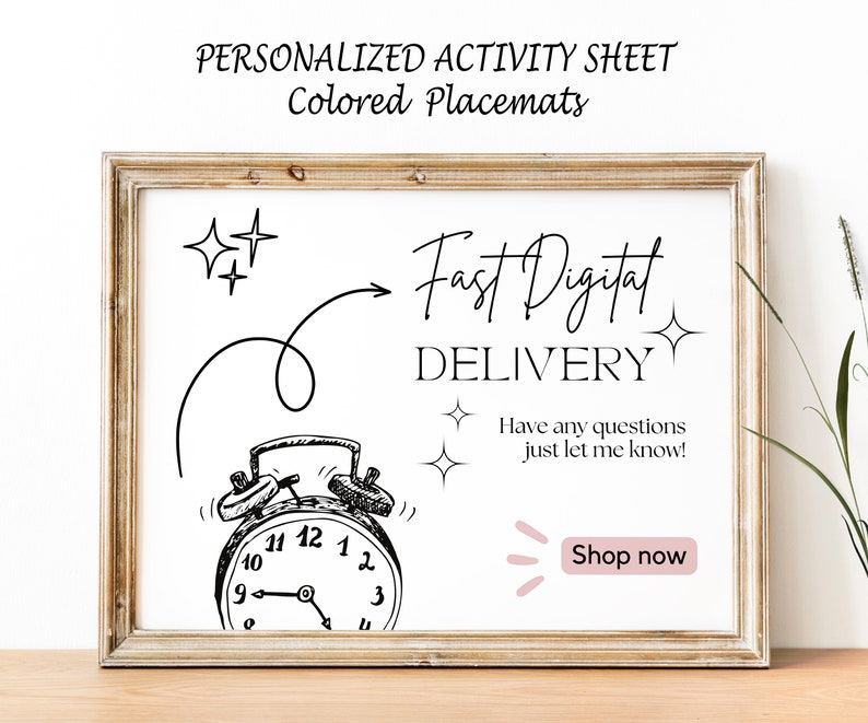 May include: A black and white illustration of an alarm clock with the text "Fast Digital Delivery" and "Have any questions just let me know!"  The text "Shop now" is on a pink button.