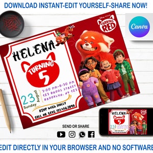 Turning Red Geburtstag Einladung | Kinder Digitale Einladung | Digitale Turning Red Invite | Bearbeitbar in Canva | Moderne Geburtstagsvorlage zum Ausdrucken