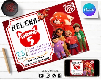 Turning Red Birthday Invitation | Kids Digital invite | Digital Turning Red Invite | Editable in Canva | Modern Birthday Template Printable
