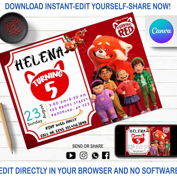 Turning Red Birthday Invitation | Kids Digital invite | Digital Turning Red Invite | Editable in Canva | Modern Birthday Template Printable