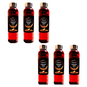 May include: Six glass bottles filled with a red liquid. Each bottle has a black label with gold lettering that reads "PPMLAB Colloidal Gold".