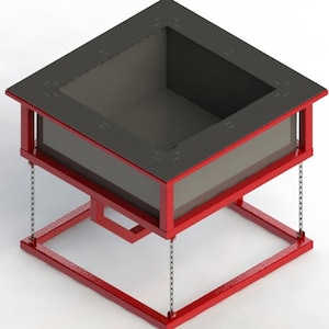 Peut inclure: Un cadre en métal rouge avec un plateau carré en métal suspendu par des chaînes. Le plateau a un intérieur noir.