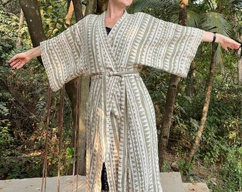 Long cotton kimono | Unisex robe with ornament print | Block print | Bohemian coverup | Boho cotton robe