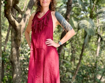 Long red dress with fringe and open back