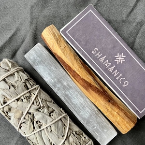 Räucherset | Reinigungsset | Energie-Reinigungsset mit Palo Santo, Weißem Salbei, Selenit und langen Streichhölzern
