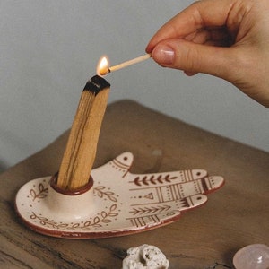 Ceramic burner for Palo Santo, white sage and incense sticks | Buddha hand | primitive geometric pattern ceramic plate | Christmas gift
