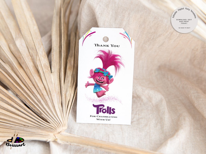 Trolls Thank You Tag, Trolls, Trolls Birthday, Editable Thank You Tag