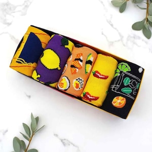 Bunte lustige Socken zum Thema Essen 5er-Pack, Fast Food Socken, Nudeln, Zitrone, Pfeffer, Sushi