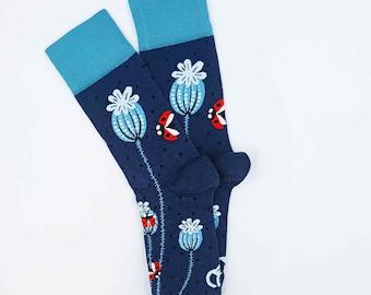Katoenen sokken lieveheersbeestje en bloemen, nieuwe sokken met ronde hals