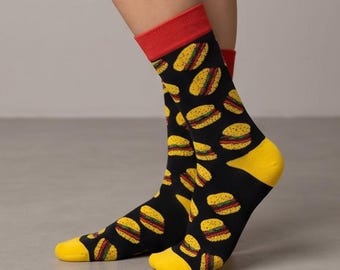 Hamburger Socks, Funny Fast Food Socks, Cheeseburger Novelty Crew Socks, Burger Lover Gift, Colorful Patterned Fun Socks
