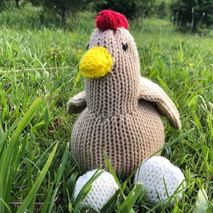 Pode incluir: Um brinquedo de frango de malha marrom com um bico amarelo, uma crista vermelha e ovos de malha branca.