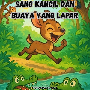 Puede incluir: Una portada de libro infantil titulada SANG KANCIL DAN BUAYA YANG LAPAR con un ciervo de dibujos animados corriendo por un sendero de la selva sobre un río con tres cocodrilos verdes, un mono y un pájaro en los árboles.