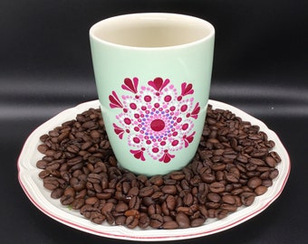 Coffee pot / coffee cup / tea cup / tea pot in mint green with mandala drawing in red tones. Handmade unique piece.