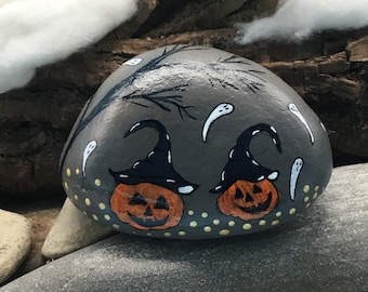 The ghosts are loose in the pumpkin field at night "Pebble Art" 360 degrees hand-painted on free-standing natural stone.