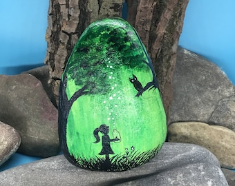 Grimm's Fairy Tales: Star Money Motif #2. Panorama stone 360 degrees hand-painted on 3 sides on a free-standing natural stone/river stone.