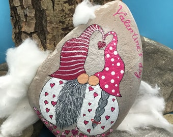 Two elves in love for Valentine's Day "Pebble Art" hand-painted on natural stone.