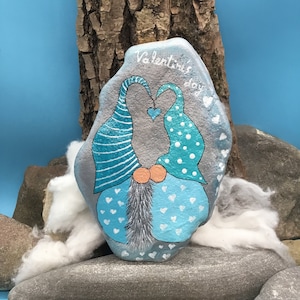 Two elves in love for Valentine's Day in mint tones "Pebble Art" hand-painted on natural stone.