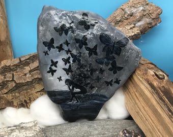 Gothic Girl, "The dark and the glittering butterflies" hand-painted unique piece immortalized on a characterful natural stone.