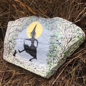 Witch dance in the moonlight with cat in the forest, hand-painted on a large panoramic natural stone. image 3