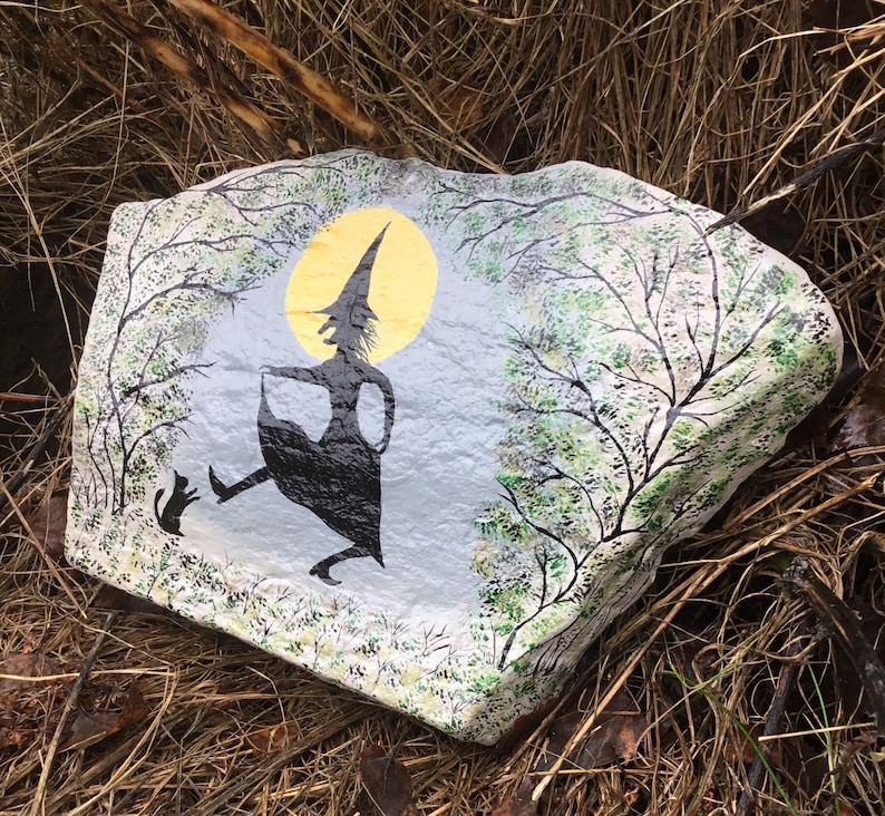 Witch dance in the moonlight with cat in the forest, hand-painted on a large panoramic natural stone. image 3