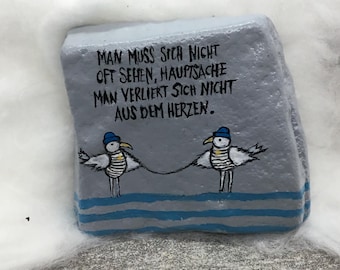 Two seagulls, "You don't have to see each other often, the main thing is not to lose each other from your heart," hand-painted and immortalized on a natural stone.