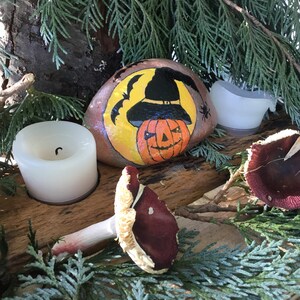 May include: A painted rock featuring a witch's hat and a jack-o'-lantern face. The rock is surrounded by green foliage and two white candles.