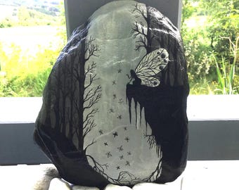 Gothic Butterfly, "In the Valley of the Moths" in comic style, hand-painted unique piece immortalized on a characterful natural stone.