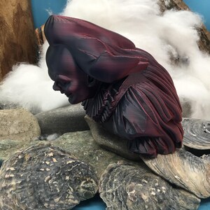 May include: A bust sculpture of a person with a large hat and ruffled collar, in shades of burgundy and black. The sculpture is resting on a bed of rocks and oyster shells, with a backdrop of cotton and wood.