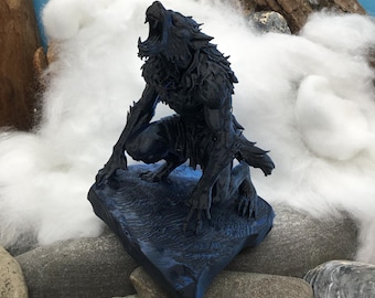 Time of the Wolves. Werewolf/Lycan howls at the full moon. Custom-designed motif, 3D printed in black and blue.