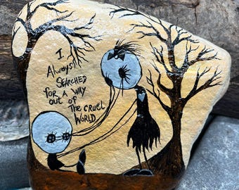 Scary couple "I always searched for a way out of the cruel world" in comic style, hand-painted unique piece immortalized on a natural stone.