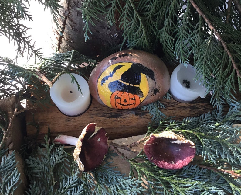 May include: A painted rock with a yellow background and a black witch's hat over a jack-o'-lantern. The rock is surrounded by green foliage and two brown mushrooms.