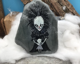 Gothic Scary Puppy Mother, a unique piece hand-painted in comic style on a characterful natural stone.
