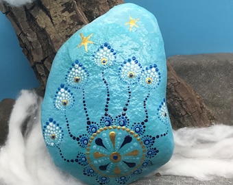 Mandala stone unique "Aqua-Coral Play" immortalized on a natural stone.