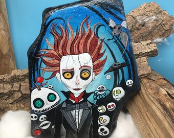 Little Jonny with his cronies, a unique, hand-painted piece immortalized on a natural stone in comic style.