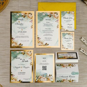 Inviti di nozze glamour color oro. Carta a specchio dorata con rose color crema, Save-the-Date, RSVP, Schede dettagliate, Segnaposti, Biglietti di ringraziamento