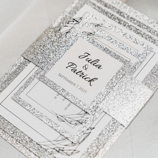 Set: silver glitter Wedding Invitation, Belly Band, Save-the-Date, Accommodations Card, RSVP, Gift Cards, Envelopes - SAMPLES