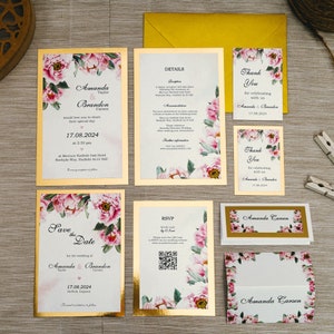 Inviti di nozze glamour color oro. Carta a specchio dorata con peonia rosa, Save-the-Date, RSVP, Schede dettagliate, Segnaposti, Biglietti di ringraziamento