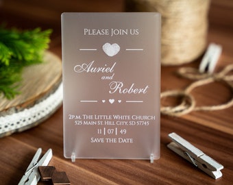 Acrylic Invitations for Wedding with heart | Acrylic Invitations or Save the Date | Personalized | Free Stand and Envelope