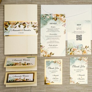 Inviti di nozze glamour. Carta color crema + specchio dorato con rose color crema, Save-the-Date, RSVP, Schede dettagliate, Segnaposto, Biglietti di ringraziamento