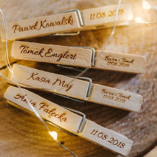 10 x Customized Wood Clothespin, Personalized, for Wedding, Party, place card with guest names, special guest gift, badge for wedding