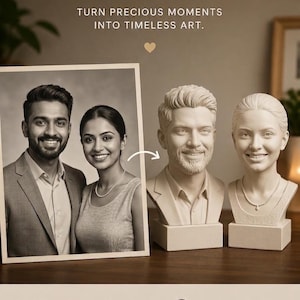 Op de afbeelding: Een op maat gemaakte 3D-buste service met een zwart-witfoto van een koppel naast twee gebroken witte gebeeldhouwde bustes van dezelfde personen. De tekst luidt: Custom 3D Bust From Your Photo. TURN PRECIOUS MOMENTS INTO TIMELESS ART. FROM YOUR PHOTO, CRAFTED IN 3D, PREMIUM QUALITY, PERFECT GIFT.
