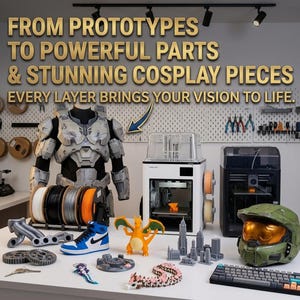 May include: A 3D printing workspace featuring a white and black 3D printer, a grey armor torso, a green helmet, a blue and white sneaker, a Charizard figure, a mechanical keyboard, and various printed parts with text: FROM PROTOTYPES TO POWERFUL PARTS & STUNNING COSPLAY PIECES EVERY LAYER BRINGS YOUR VISION TO LIFE.