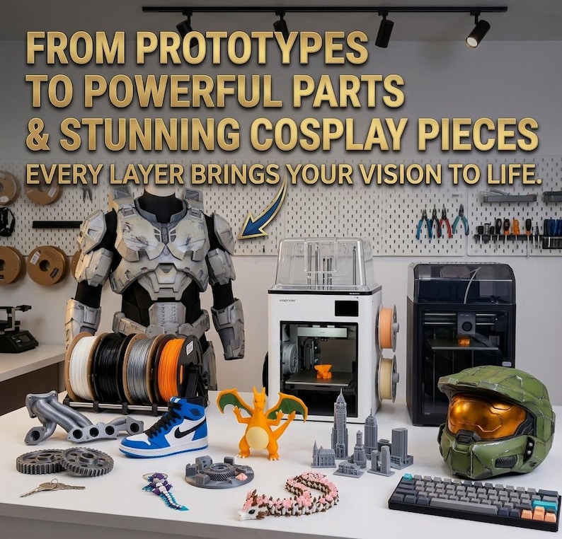 May include: A 3D printing workspace featuring a white and black 3D printer, a grey armor torso, a green helmet, a blue and white sneaker, a Charizard figure, a mechanical keyboard, and various printed parts with text: FROM PROTOTYPES TO POWERFUL PARTS & STUNNING COSPLAY PIECES EVERY LAYER BRINGS YOUR VISION TO LIFE.