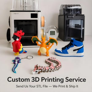 Op de afbeelding: Een verzameling 3D-geprinte items, waaronder een Charizard-figuur, een high-top sneaker en een draken sleutelhanger. De afbeelding toont ook 3D-printers en de tekst "Custom 3D Printing Service".