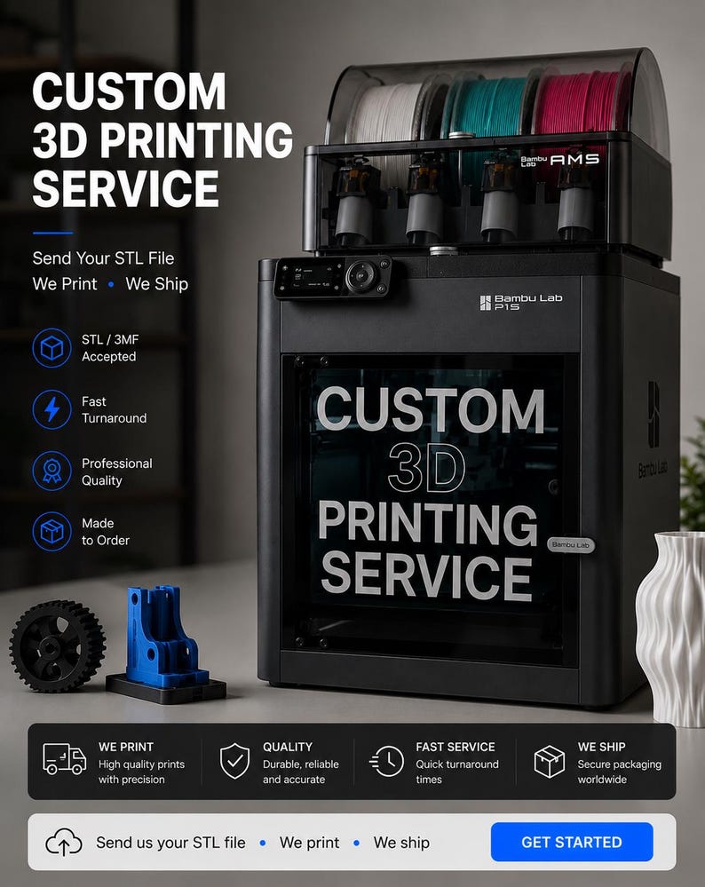 May include: A black Bambu Lab P1S 3D printer with an AMS unit on top holding white, teal, and magenta filament spools. The printer features a glass door with the text CUSTOM 3D PRINTING SERVICE. Beside it are a black gear and a blue plastic part.