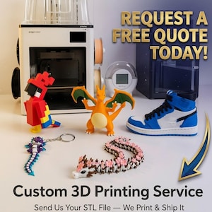 May include: A white 3D printer with various printed objects including a red and yellow blocky bird, an orange dragon figure, a blue and white high-top sneaker, a purple dragon keychain, and a long white and pink articulated dragon figure.